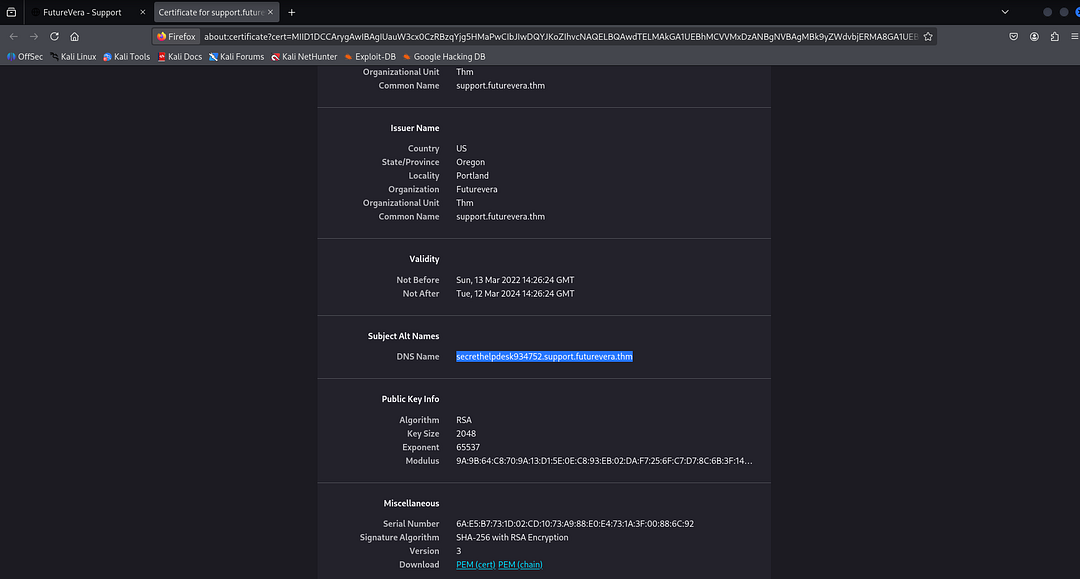 SSL certificate showing Subject Alt Name